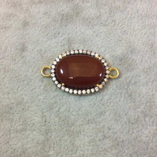 Gold Finish Smooth CZ Rimmed Natural Red/Orange Carnelian Oval Shaped Bezel Connector Component - Measures 19mm x 24mm