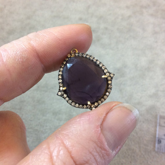 Gold Finish Faceted CZ Rimmed Transparent Purple Quartz Freeform Teardrop Shaped Bezel Pendant - Measures 18 x 21mm - Sold Individually