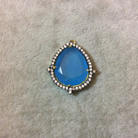 Gold Finish Faceted CZ Rimmed Azure Blue Chalcedony Freeform Teardrop Bezel Pendant Component - Measures 18 x 21mm - Sold Individually
