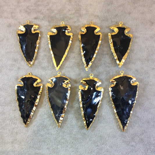 2-2.5" Gold Finish Arrowhead Shaped Electroplated Black Obsidian Pendant - Measuring 50mm-65mm Long - Sold Individually, Randomly Chosen
