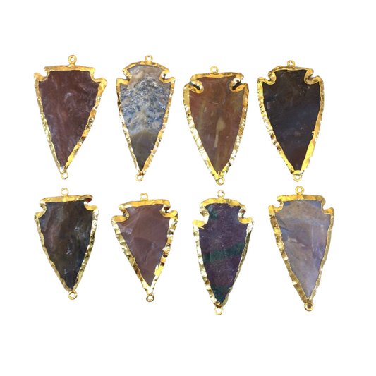 1.5-2" Gold Finish Arrowhead Shaped Electroplated Mixed Jasper Connector - Measuring 40mm-50mm Long - Sold Individually, Randomly Chosen
