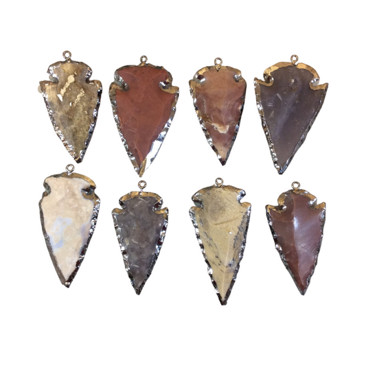1.5-2" Gunmetal Finish Arrowhead Shaped Electroplated Mixed Jasper Pendant - Measuring 40mm-50mm Long - Sold Individually, Randomly Chosen