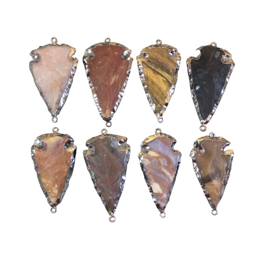 1.5-2" Gunmetal Finish Arrowhead Shaped Electroplated Mixed Jasper Connector - Measuring 40mm-50mm Long - Sold Individually, Randomly Chosen