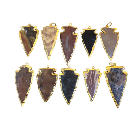 1.5-2" Gold Finish Arrowhead Shaped Electroplated Mixed Jasper Pendant - Measuring 40mm-50mm Long - Sold Individually, Randomly Chosen