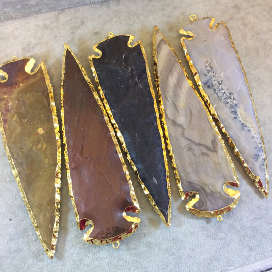 5-6" Gold Finish Arrowhead Shaped Electroplated Mixed Jasper Pendant - Measuring 125mm-150mm Long - Sold Individually, Randomly Chosen