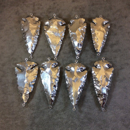 2-2.5" Silver Plated Arrowhead Shaped Electroplated Black Obsidian Connector - Measuring 50mm-65mm Long - Sold Individually, Randomly Chosen