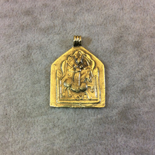 Medium Oxidized Gold Finish Pentagon Shaped Horse and Figure Plated Brass Pendant - Measuring 28mm x 38mm, Approximately - Sold Individually
