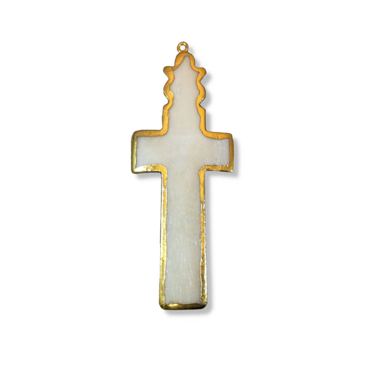 Gold Electroplated Beige/White Cross Shaped Natural Carved Bone Focal Pendant Measuring 30mm x 78mm Approximately Sold Individually )