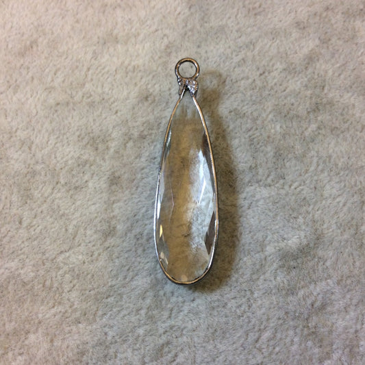 Gunmetal Plated Faceted Clear Hydro (Lab Created) Quartz Heart/Teardrop Shaped Bezel Pendant - Measuring 13mm x 44mm - Sold Individually