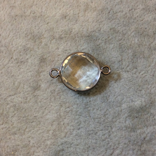 Gunmetal Plated Faceted Clear Hydro (Lab Created) Quartz Round/Coin Shaped Bezel Connector - Measuring 15mm x 15mm - Sold Individually