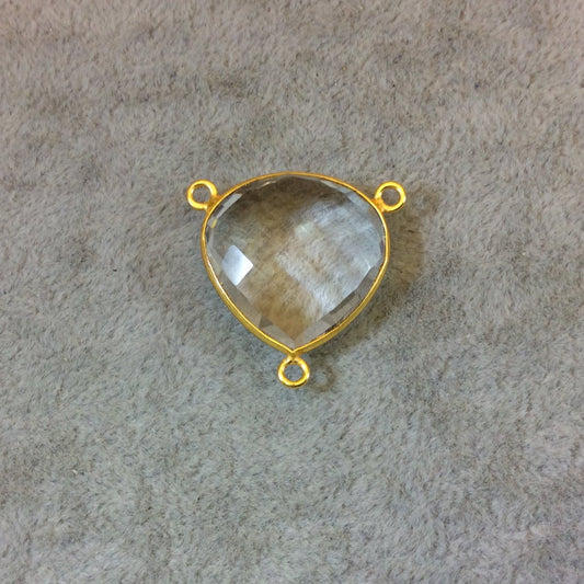 Gold Finish Faceted Clear Quartz Heart/Teardrop Shape Bezel Pendant/Connector - Measuring 23mm x 23mm - Natural Gemstone - Sold Individually
