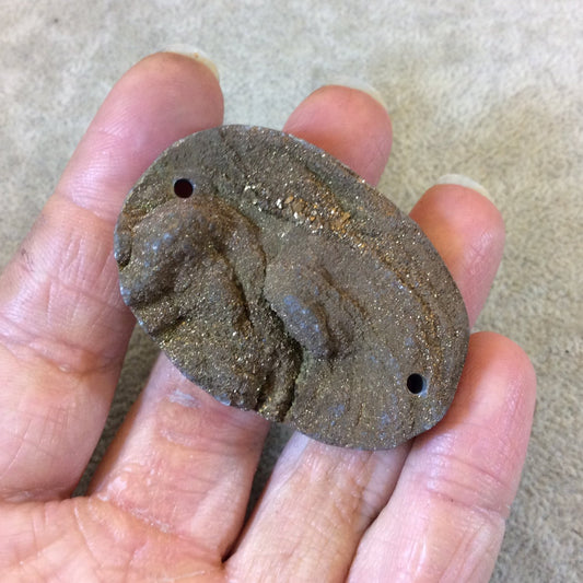OOAK Metallic Bronze Freeform Oval Shaped Chalcedony Galaxy Druzy Dual Drilled Connector Slab Bead - Measuring 35mm x 49mm, Approximately