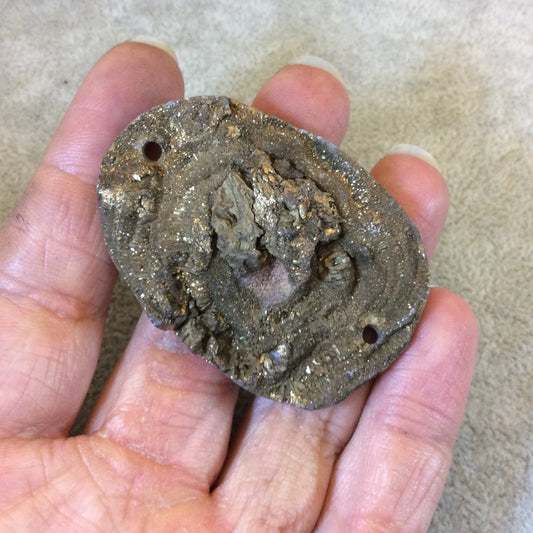 OOAK Metallic Bronze Freeform Oval Shaped Chalcedony Galaxy Druzy Dual Drilled Connector Slab Bead - Measuring 38mm x 55mm, Approximately