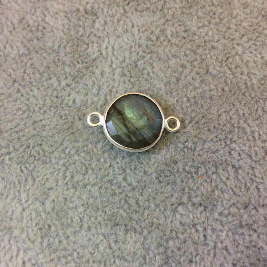 Sterling Silver Faceted Round/Coin Shaped Labradorite Bezel Connector Component - Measuring 12mm x 12mm - Natural Semi-Precious Gemstone