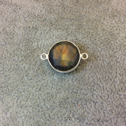Sterling Silver Faceted Round/Coin Shaped Labradorite Bezel Connector Component - Measuring 15mm x 15mm - Natural Semi-Precious Gemstone