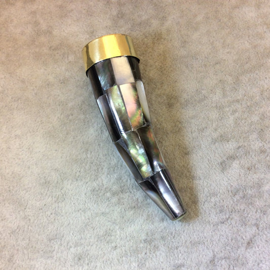 SALE - 3" Iridescent Gray/White Flat Point Round Tusk/Claw Shaped Natural Abalone Pendant with Gold Cap - Measuring 23mm x 80mm