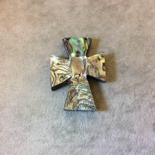 1.5" Iridescent Rainbow Cross Shaped Wooden Pendant with Natural Abalone Shell Overlay - Measuring 31mm x 41mm, 8mm Thick - (TR15RBCRAB)