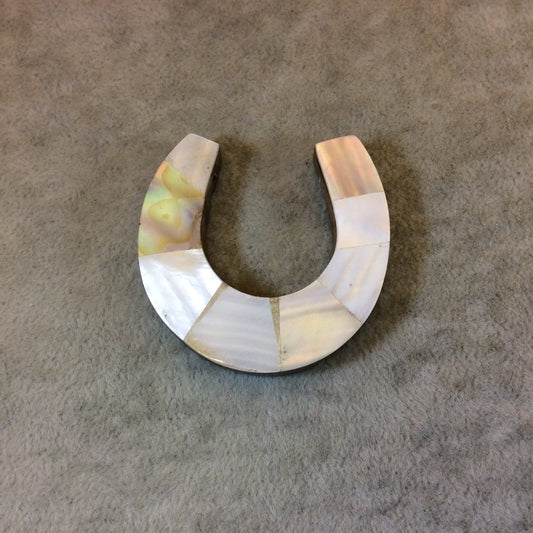 1.75" Iridescent White/Ivory Horseshoe Shaped Wooden Pendant with Abalone Shell Overlay - Measuring 45mm x 46mm, 8mm Thick - (TR175WHHAB)