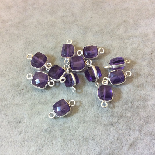 Silver Finish Faceted Amethyst Cube/Square Shaped Plated Copper Bezel Connector - Measuring 6-7mm - Natural Gemstone - Sold Individually