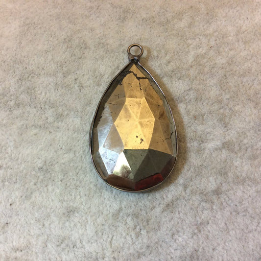 Gunmetal Finish Faceted Pyrite Pear/Teardrop Shaped Bezel Pendant Component - Measuring 28mm x 45mm - Natural Semi-precious Gemstone