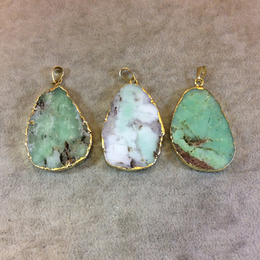 Gold Electroformed Natural Chrysoprase Freeform Shaped Focal Pendant - Measuring 25mm x 45mm, Approx. - Sold Individually, Randomly Selected