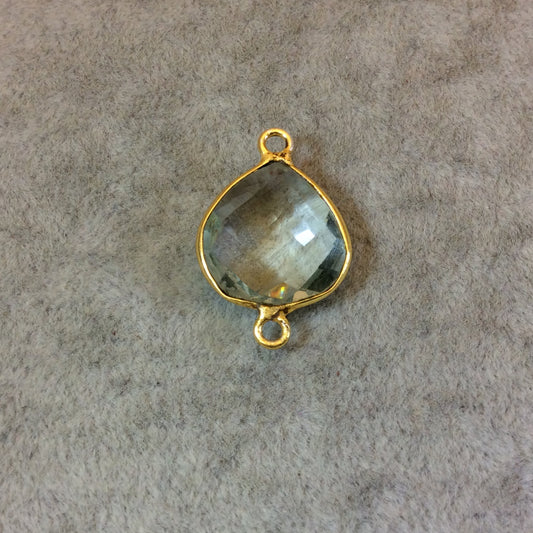 Gold Plated Faceted Pale Green Hydro (Lab Created) Quartz Heart/Teardrop Shaped Bezel Connector - Measuring 15mm x 15mm - Sold Individually