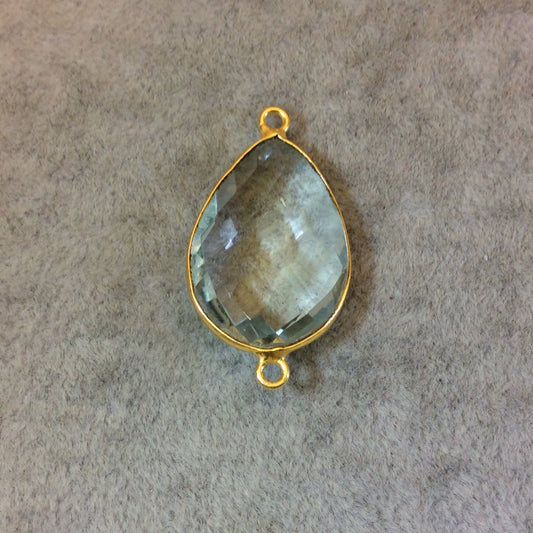 Gold Plated Faceted Pale Green Hydro (Lab Created) Quartz Pear/Teardrop Shaped Bezel Connector - Measuring 18mm x 24mm - Sold Individually