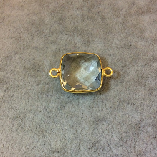 Gold Plated Faceted Pale Green Hydro (Lab Created) Quartz Square Shaped Bezel Connector - Measuring 15mm x 15mm - Sold Individually