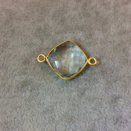 Gold Plated Faceted Pale Green Hydro (Lab Created) Quartz Diamond Shaped Bezel Connector - Measuring 15mm x 15mm - Sold Individually