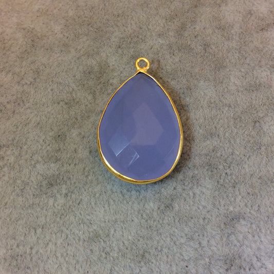 Gold Finish Faceted Semi-Transparent Pale Blue Chalcedony Pear/Teardrop Shaped Bezel Pendant - Measuring 18mm x 24mm - Natural Gemstone