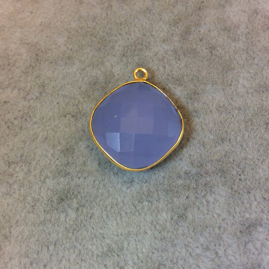 Gold Finish Faceted Semi-Transparent Pale Blue Chalcedony Diamond Shaped Bezel Pendant - Measuring 18mm x 18mm - Natural Gemstone