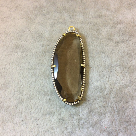 Gold Plated CZ Cubic Zirconia Rimmed Faceted Hydro (Lab Created) Smoky Quartz Freeform Oval Shaped Bezel Pendant - Measures 42mm x 19mm