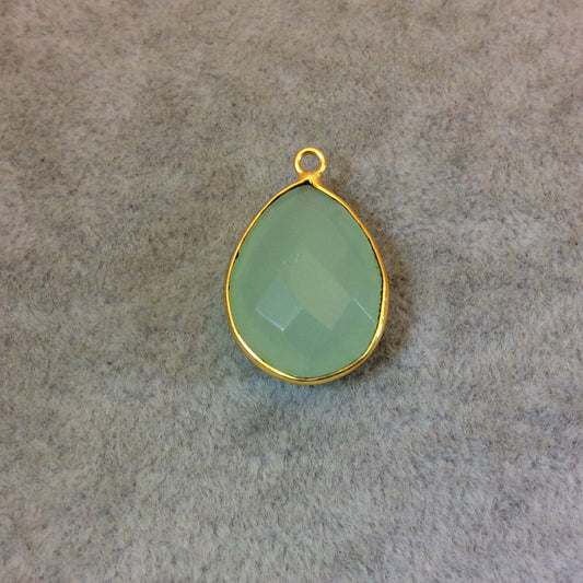 Gold Plated Faceted Pale Mint Hydro (Lab Created) Chalcedony Pear/Teardrop Shaped Bezel Pendant - Measuring 15mm x 20mm - Sold Individually