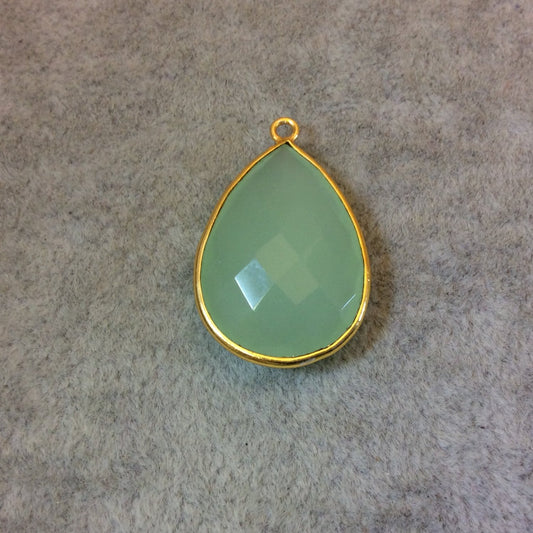 Gold Plated Faceted Pale Mint Hydro (Lab Created) Chalcedony Pear/Teardrop Shaped Bezel Pendant - Measuring 18mm x 24mm - Sold Individually