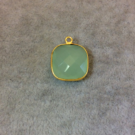Gold Plated Faceted Pale Mint Hydro (Lab Created) Chalcedony Square Shaped Bezel Pendant - Measuring 15mm x 15mm - Sold Individually