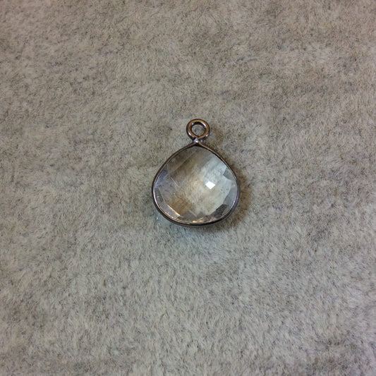 Gunmetal Plated Faceted Clear Hydro (Lab Created) Quartz Heart/Teardrop Shaped Bezel Pendant - Measuring 12mm x 12mm - Sold Individually
