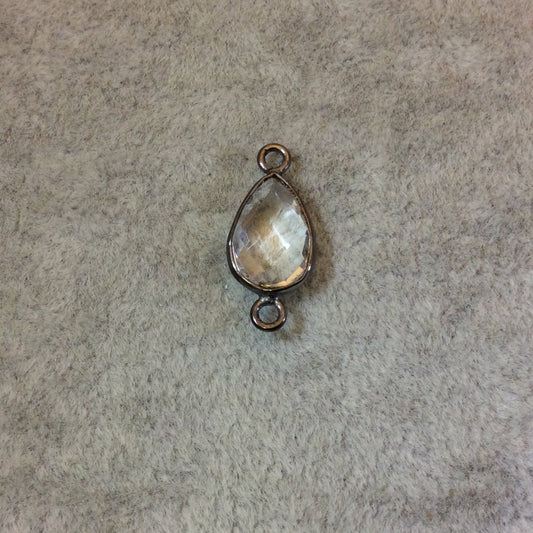 Gunmetal Plated Faceted Clear Hydro (Lab Created) Quartz Pear/Teardrop Shaped Bezel Connector - Measuring 8mm x 12mm - Sold Individually