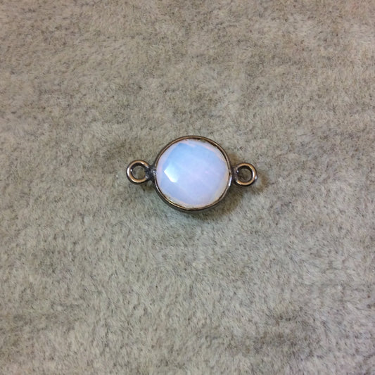 Gunmetal Plated Faceted Milky Opalite (Manmade Glass) Round/Coin Shaped Bezel Connector - Measuring 10mm x 10mm - Sold Individually