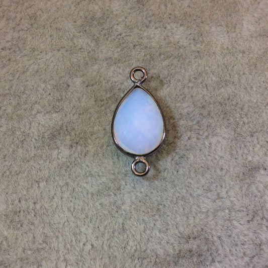 Gunmetal Plated Faceted Milky Opalite (Manmade Glass) Pear/Teardrop Shaped Bezel Connector - Measuring 10mm x 15mm - Sold Individually