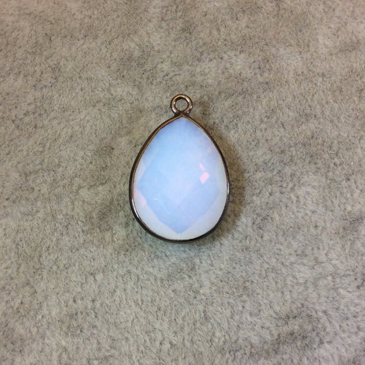 Gunmetal Plated Faceted White Opalite (Manmade Glass) Pear/Teardrop Shaped Bezel Pendant - Measuring 15mm x 20mm - Sold Individually