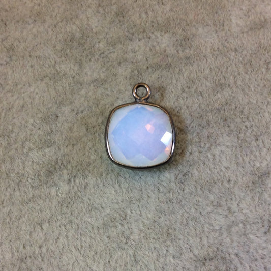 Gunmetal Plated Faceted White Opalite (Manmade Glass) Square Shaped Bezel Pendant - Measuring 12mm x 12mm - Sold Individually