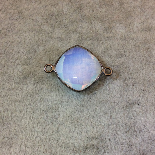 Gunmetal Plated Faceted White Opalite (Manmade Glass) Diamond Shaped Bezel Connector - Measuring 15mm x 15mm - Sold Individually