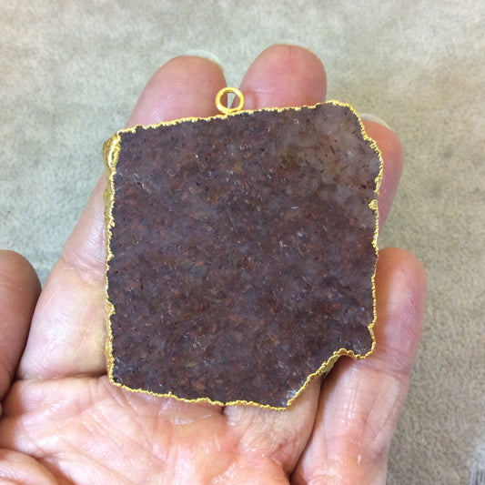 OOAK Gold Electroplated Rough/Matte Red Aventurine Freeform Shaped Slice Focal Pendant - Measuring 50mm x 55mm, Approx. - Mineral Oil
