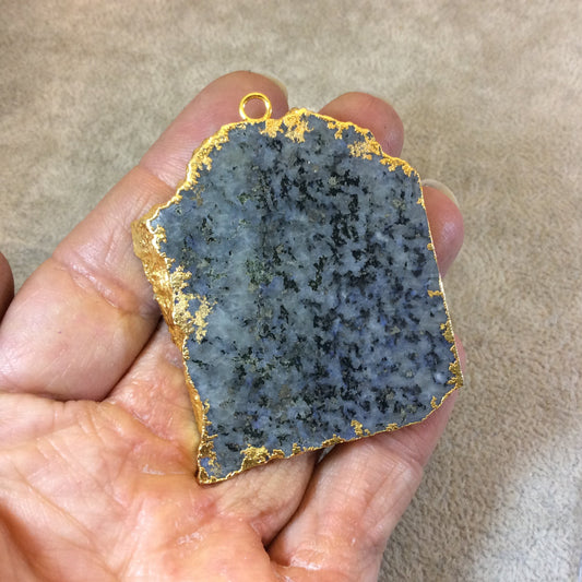 OOAK Gold Electroplated Rough/Matte Raw Lapis Lazuli Freeform Shaped Slice Pendant - Measuring 47mm x 53mm, Approx. - Mineral Oil