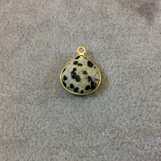 Dalmatian Jasper Bezel | Gold Plated Natural Faceted Heart Teardrop Shaped Copper Pendant - Measures 15mm x 15mm - Sold Individually