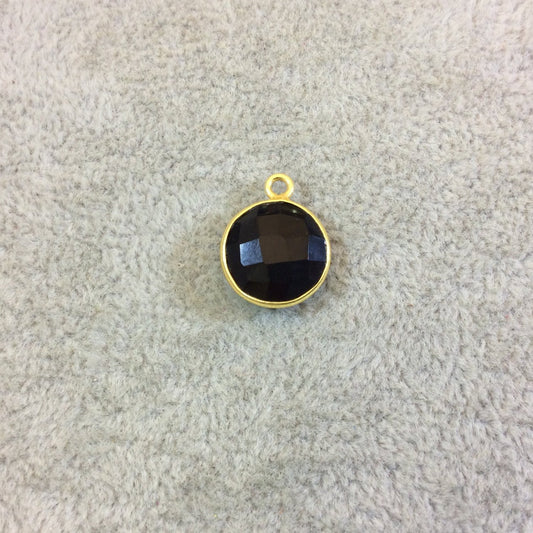Gold Plated Faceted Hydro (Lab Created) Jet Black Onyx Round/Coin Shaped Bezel Pendant - Measuring 12mm x 12mm - Sold Individually