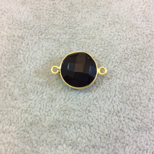 Gold Plated Faceted Hydro (Lab Created) Jet Black Onyx Round/Coin Shaped Bezel Connector - Measuring 15mm x 15mm - Sold Individually