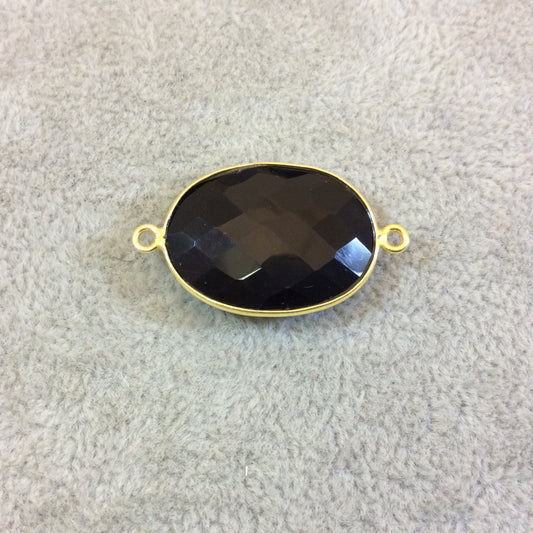 Hydro Jet Black Onyx Bezel | Gold Plated Faceted (Lab Created) Oblong Oval Shaped Bezel Connector - Measuring 18mm x 25mm -Sold Individually
