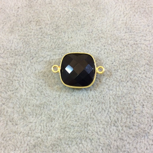 Gold Plated Faceted Hydro (Lab Created) Jet Black Onyx Square Shaped Bezel Connector - Measuring 15mm x 15mm - Sold Individually
