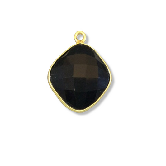 Gold Plated Faceted Hydro (Lab Created) Jet Black Onyx Diamond Shaped Bezel Pendant - Measuring 15mm x 15mm - Sold Individually